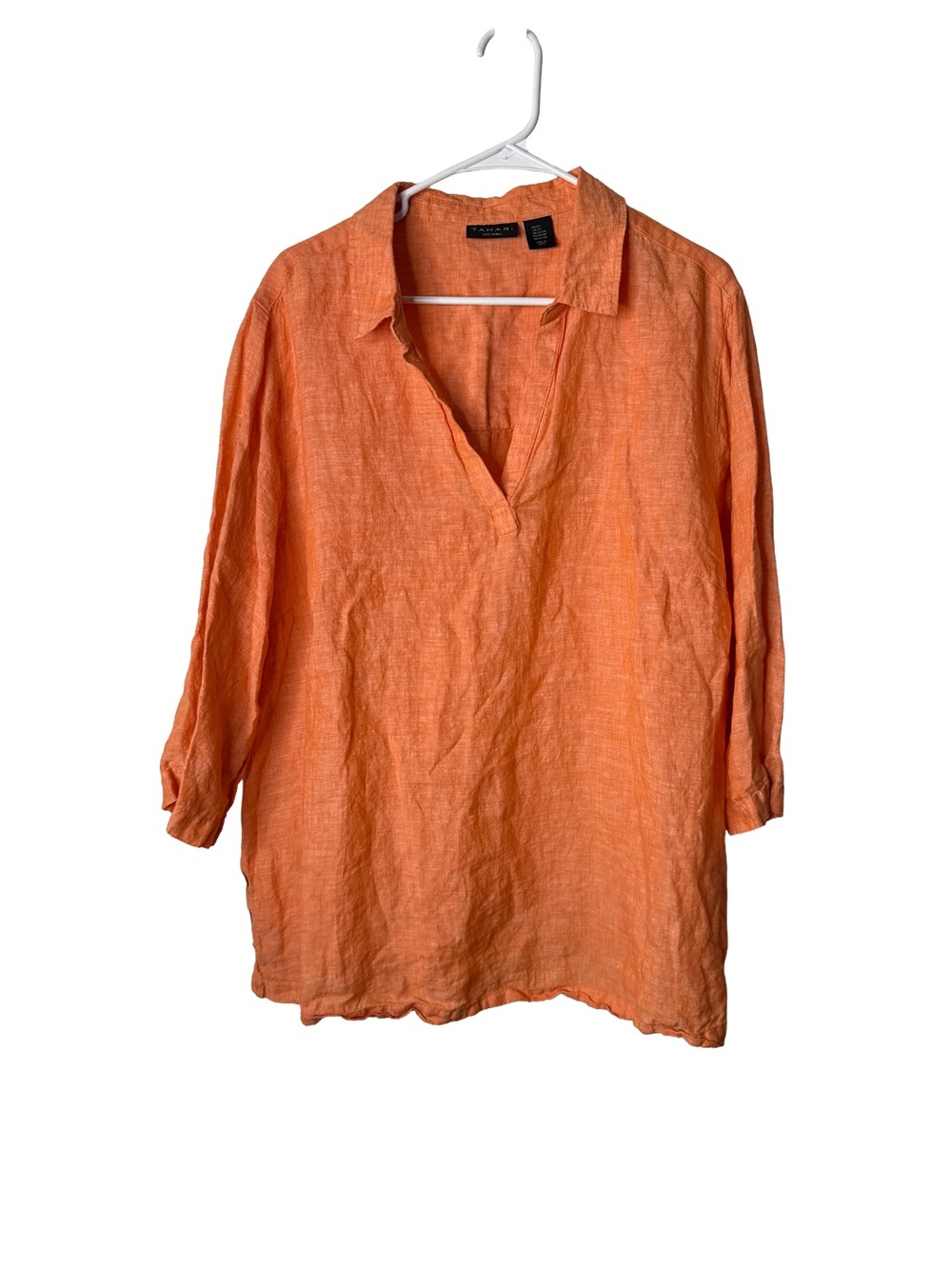 TAHARI Summer Linen Top 2X Bright Orange 3/4 Sleeve Button Accent Beach Coastal